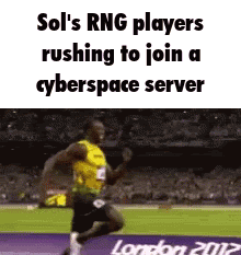 a man is running on a soccer field with the words sol 's rng players rushing to join a cyberspace server .