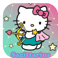 a hello kitty holding a bow and arrow says sagittarius on the bottom