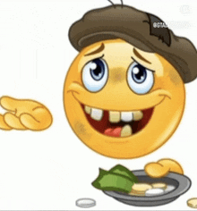 a cartoon smiley face wearing a hat and holding a plate of food