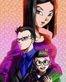 a cartoon drawing of a family with a purple background