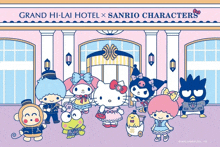 a group of sanrio characters standing in front of a grand hi-lai hotel