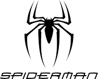 a black and white logo for spider man with a spider on it