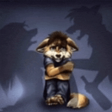 a furry animal is sitting with his arms crossed in front of a shadow of a wolf .