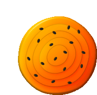 an orange circle with black seeds on it