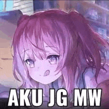 a girl with purple hair is sitting in front of a computer screen with the words `` aku jg mw '' written on it .