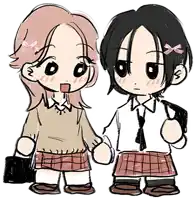 a drawing of two girls holding hands with one wearing a plaid skirt