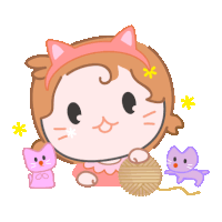 a girl with cat ears is holding a ball of yarn surrounded by two cats