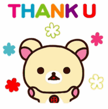 a cartoon bear with flowers and the words thank u