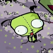 a close up of a cartoon character with a purple background and stars in the background .