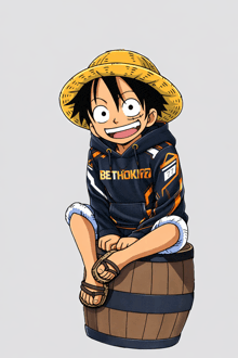 monkey d luffy is sitting on a wooden barrel wearing a hoodie that says bethokita