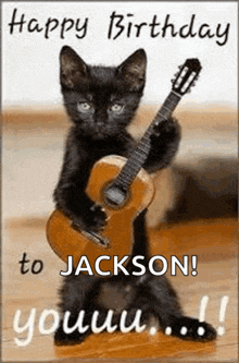 a black cat is holding a guitar in its paws on a birthday card for jackson .