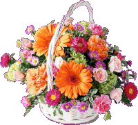 a basket filled with flowers including orange daisies and pink flowers