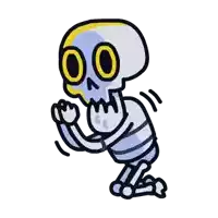 a cartoon drawing of a skeleton with a skull and yellow eyes