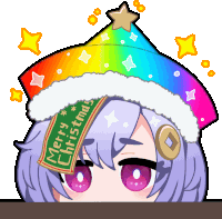 a girl with purple hair wearing a rainbow hat with a merry christmas sign on it