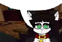 a black and white cat with green eyes and a red collar has a speech bubble above her head