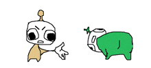 a cartoon drawing of a robot and a green animal