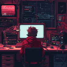 a pixel art of a person sitting in front of a computer monitor