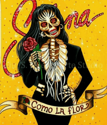 a drawing of a skeleton holding a rose with the words como la flor written on a banner