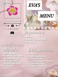 eva 's menu is displayed on a pink background with flowers and seashells