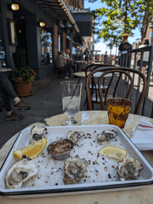 a tray of oysters sits on a table in front of a patchouli sign