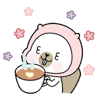 a cartoon of a bear holding a cup of coffee with flowers around it