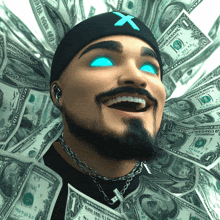 a man wearing a black hat with a blue x on it is surrounded by 1 dollar bills