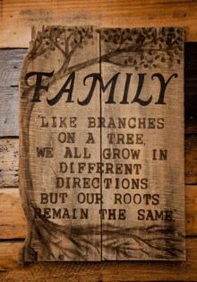 a wooden sign that says family like branches on a tree