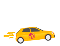 a yellow car with a pink logo on the side is driving fast .