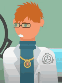 a cartoon of a man wearing a lab coat and a necklace