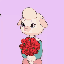 a cartoon character is holding a bouquet of red roses .