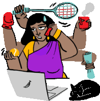 a cartoon drawing of a woman with many arms holding a laptop