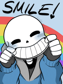 a cartoon drawing of a skeleton with the words smile written above him