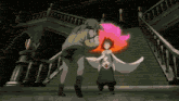a couple of anime characters standing on stairs