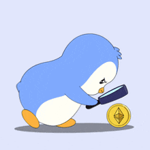 a penguin is looking through a magnifying glass at a coin