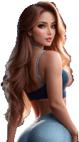 a woman with long brown hair is wearing a blue bra and blue jeans