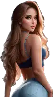 a woman with long brown hair is wearing a blue bra and blue jeans