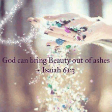 a woman is holding a pile of confetti in her hands with a quote from isaiah 61:13