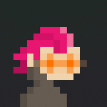 a pixel art of a person with pink hair and glasses