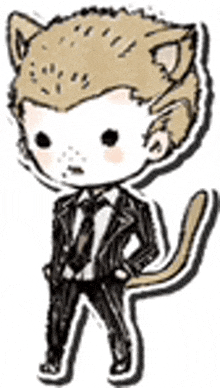 a chibi drawing of a man in a suit and tie with a cat 's tail .