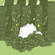 a drawing of a cat in a pile of money