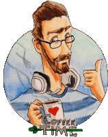 a man with headphones around his neck holds a cup of coffee and gives a thumbs up sign