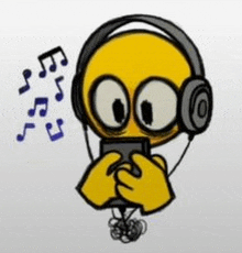 a cartoon smiley face is wearing headphones and listening to music on a cell phone .