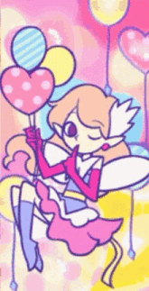 a cartoon character is holding a heart shaped balloon .