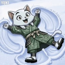 a cartoon of a cat laying in the snow with the name yuki on the bottom