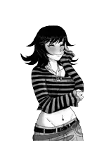a black and white drawing of a woman wearing a striped shirt