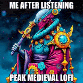 a colorful painting of a knight with the caption me after listening peak medieval lofi ..