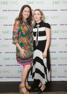 two women posing for a picture in front of a wall that says irish arts center