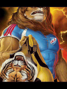 a painting of a lion holding a tiger wearing a c.u.l.e. jersey