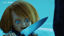 a doll is holding a knife in front of a blue background with syfy written on it