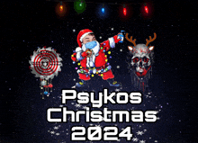 a poster that says psykos christmas 2024 with a cartoon of santa